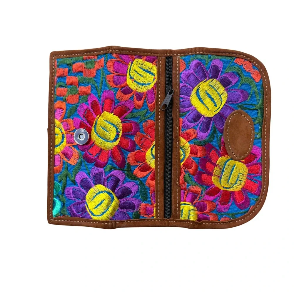 Handmade Embroidered Floral Wallet Multi-Color OS Leather Trim Boho Tri-Fold